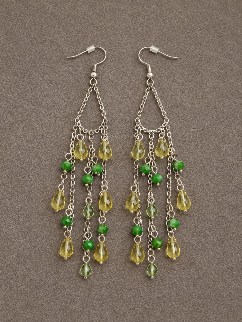 3/$30 1990s Long Yellow Green Beaded Teardrop Chandalier Earrings
